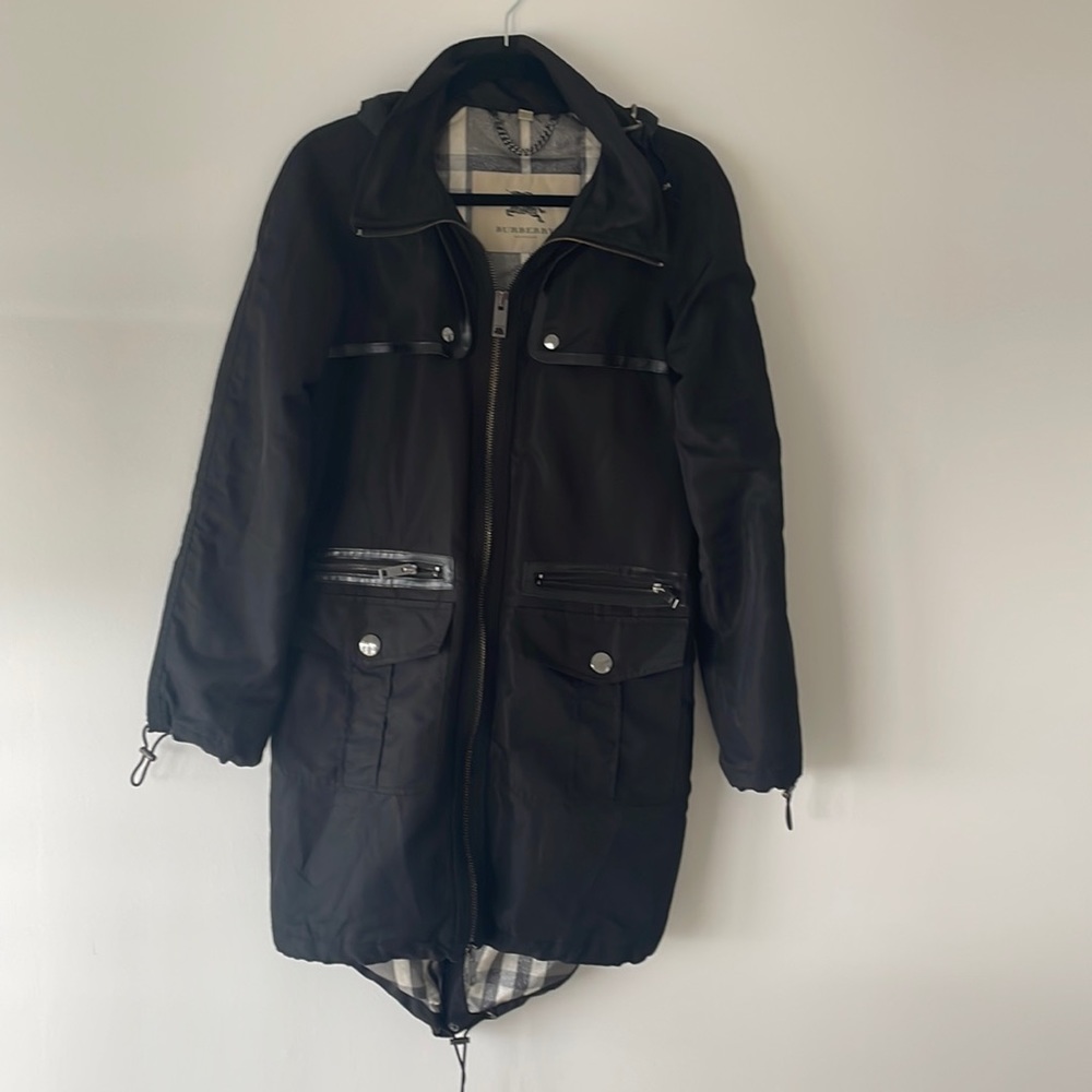 Burberry London Leather Trim Zip Coat Black Nova Check Shimmer US 4🧥🇬🇧